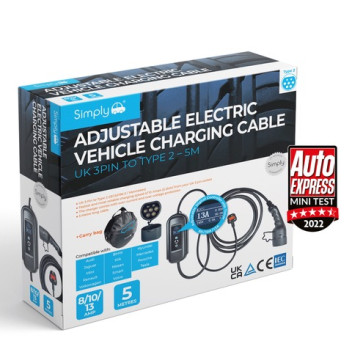 Simply EV Cable Type 2 to 3 pin 5M variable charge and timer