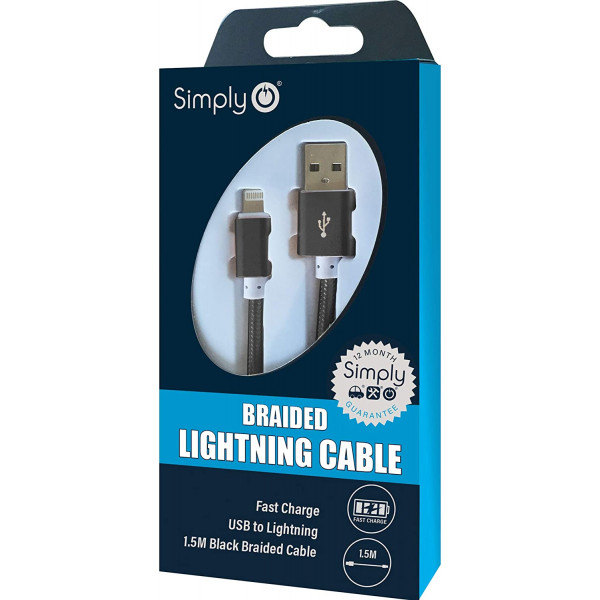 Simply Lightning Braided USB Cable 1.5 metre Black